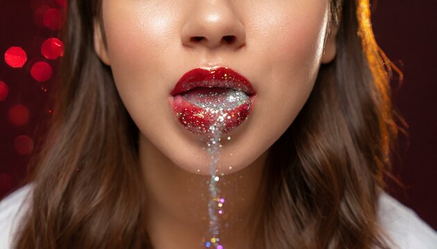 l&aacute;bios vermelhos derramando l&iacute;quido glitter prateado brilhante. conceito er&oacute;tico