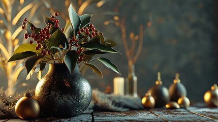  a vase filled with red berries sitting on top of a table next to other vases and candles on top of a wooden table. - Powered by Adobe