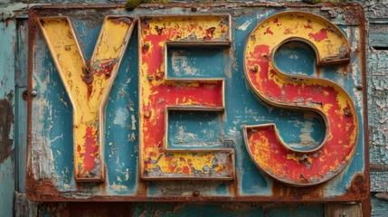 Fototapeten Le mot " Yes" inscrit sur une tôle rouillée avec un peu de relief  © jp