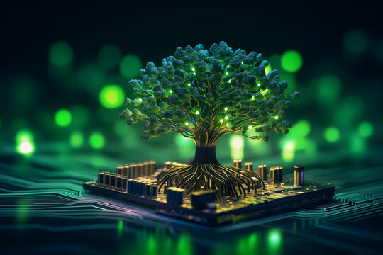 Generative AI illustration of digitally created image of ree with foliage growing from a circuit board illustrating the concept of technology