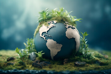 Generative AI illustration of conceptual 3D globe with continents and live green plants emerging set on mossy terrain against a blurred background