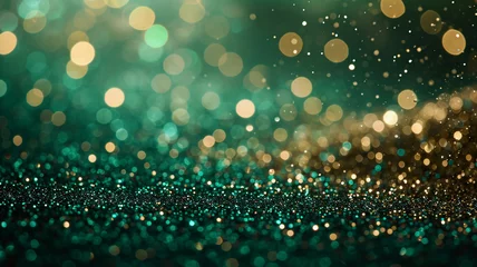 Poster Shimmering golden bokeh on a blurred emerald green background with copy space. Focus on the radiant glow. © Iryna