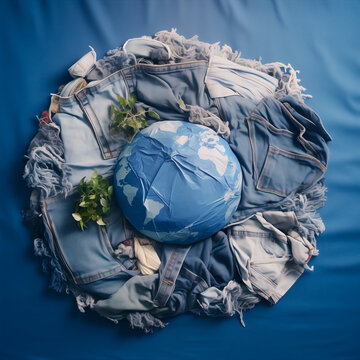 Generative AI illustration of globe wrapped in denim fabric surrounded by a nest of jeans and leaves highlighting recycling and environmental themes