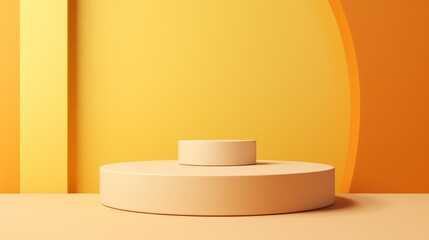 empty cylindrical podium for product presentation on a yellow background, space for text