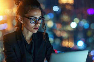 businesswoman focuses on her laptop late at night in an office. Generative AI.