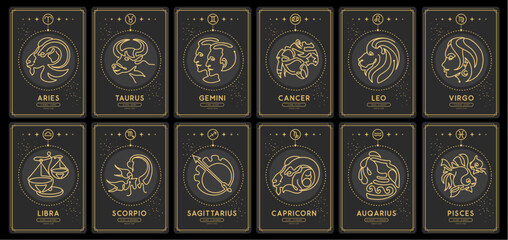 Set of Modern magic witchcraft cards with astrology zodiac signs in the night sky. Zodiac characteristic. Zodiac icons. Vector illustration