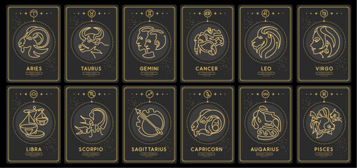 Set of Modern magic witchcraft cards with astrology zodiac signs in the night sky. Zodiac characteristic. Zodiac icons. Vector illustration