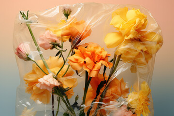 Elegant Flowers Wrapped in Plastic Against Pastel Background Generative AI image