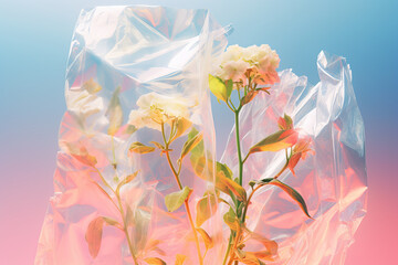 Flowers trapped in plastic bag against colorful background Generative AI image