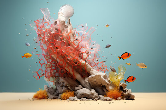 Surreal underwater explosion with fish and debris Generative AI image