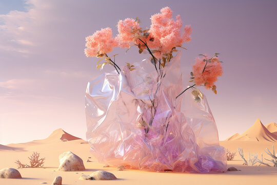 Blooming flowers emerging from plastic in a desert landscape Generative AI image