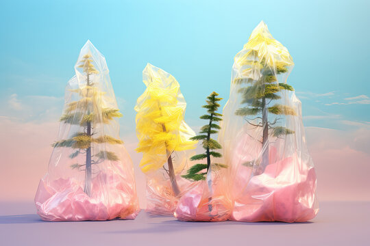 Trees encased in colorful plastic bags on a gradient background Generative AI image