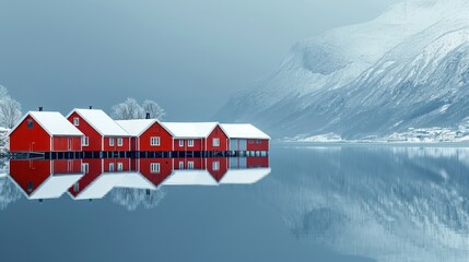  a red house sitting in the middle of a lake with a mountain in the background and snow on the ground.