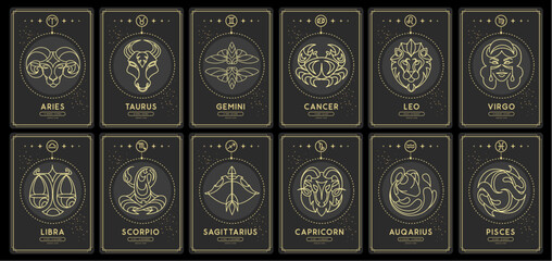 Set of Modern magic witchcraft cards with astrology zodiac signs in the night sky. Zodiac characteristic. Zodiac icons. Vector illustration