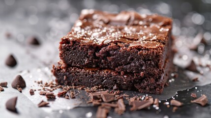  a couple of brownies sitting on top of a table next to a pile of chocolate chips and chocolate chips.