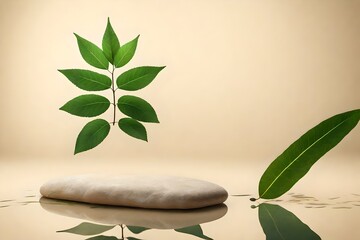 Granite stone with branch green leaf on beige background