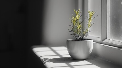  a potted plant sitting on a window sill next to a window sill with the sun shining on it.