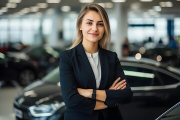 Professional luxury car saleswoman in luxury showroom. Auto dealership office. Car dealer business. Smiling woman in showroom. Expensive car. Automotive industry. Luxury car agent. - obrazy, fototapety, plakaty