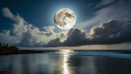 full moon over the sea.a stunning visual of the night sky, featuring a full moon surrounded by clouds that dance over the reflective surface of the ocean, creating a serene and magical atmosphere.