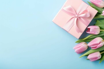Mother's Day decorations concept. Top view photo of blue giftbox with ribbon bow and bouquet of pink tulips on isolated pastel pink background 