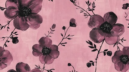  a painting of purple flowers on a pink background with black leaves and flowers on a pink background with black leaves and flowers on a pink background.