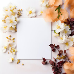 Flat-lay of flowers and card over light white silk background.