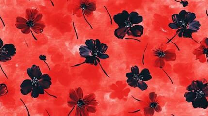  a painting of red and black flowers on a red and black background with a white dot in the middle of the image.