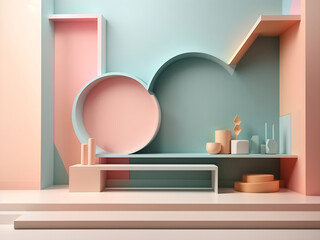 Abstract minimal concept. Pastel multi-color background wall design with window natural shadow and long shelf, abstract geometric. Mock-up template for product presentation. 3D rendering