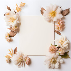 Flat-lay of flowers and card over light white silk background.