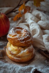 Homemade apple roses pie with sugar powder. Traditional autumn baking, fall decor. Wooden background, close up