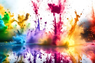 Multicolored explosion of rainbow holi powder paint isolated on white background.   