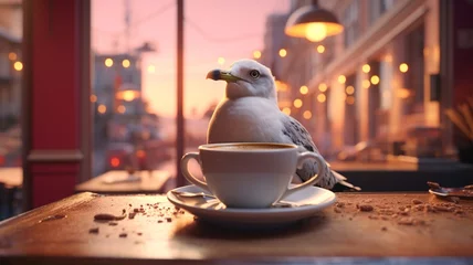 Foto op Aluminium A bird next to a coffee cup in a room Ai generated art © Shyamal