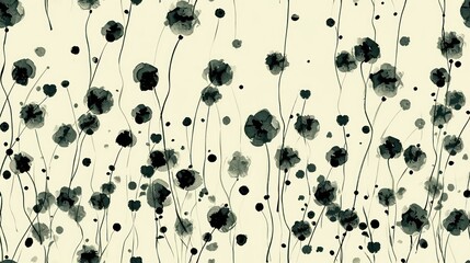  a painting of black and white flowers on a white background with lots of black dots on the bottom of the image.