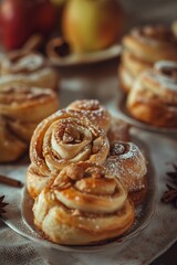 Obraz na płótnie Canvas Homemade apple roses pie with sugar powder. Traditional autumn baking, fall decor. Wooden background, close up