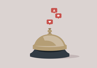 A desk bell adorned with social media icons as a symbol of attention distraction caused by incoming notifications, the challenge of staying focused on tasks when alerts from platforms demand attention