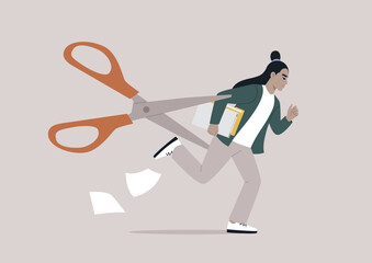 A staff layoff concept represented by a young character metaphorically pursued by a menacing pair of scissors, symbolizing the looming threat of downsizing due to changes in business priorities