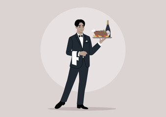 A refined waiter, donned in a sleek black tuxedo with a napkin draped over their hand, gracefully holds a tray adorned with a bottle of sparkling wine and a perfectly roasted chicken