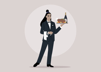 A refined waiter, donned in a sleek black tuxedo with a napkin draped over their hand, gracefully holds a tray adorned with a bottle of sparkling wine and a perfectly roasted chicken