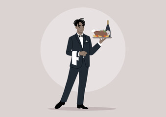 A refined waiter, donned in a sleek black tuxedo with a napkin draped over their hand, gracefully holds a tray adorned with a bottle of sparkling wine and a perfectly roasted chicken