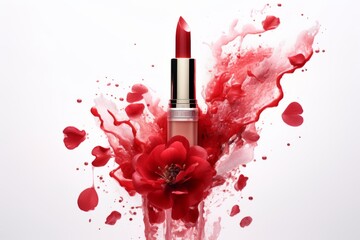 Obraz na płótnie Canvas red lipstick with a splash of red flowers and petals on a white background. Cosmetic concept for lip makeup products