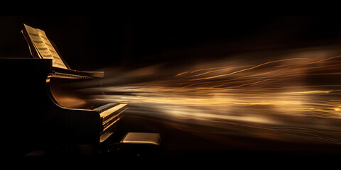 piano casting a glowing warm light. motion blur, light motion lines in hues of gold. black...