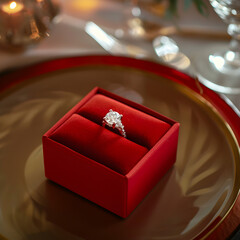 engagement ring in red box on served table restaurant 