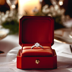 engagement ring in red box on served table restaurant  - obrazy, fototapety, plakaty