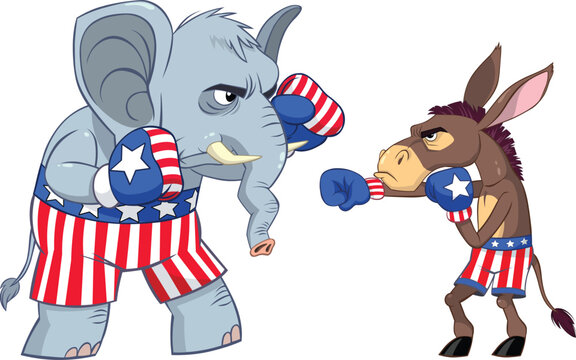 USA Democrat Vs Republican Election.
Color vector illustration of a Democrat Donkey vs Republican Elephant
