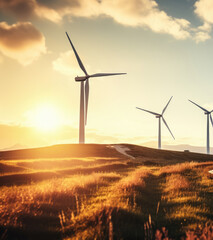 Green energy concept banner design with wind turbines landscape at sunset. Renewable solar and wind energy. - obrazy, fototapety, plakaty