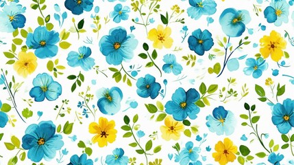  a blue and yellow flower pattern with green leaves and flowers on a white background with blue, yellow, and green leaves.