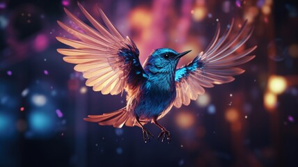 A blue bird is sitting on a flower branch fantasy image Ai generated art