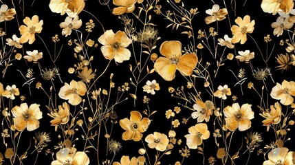  a black and yellow floral wallpaper with yellow and white flowers on a black background with yellow and white flowers on a black background.