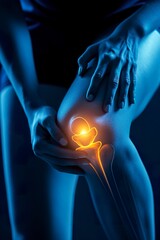 Representation of a woman feeling severe knee pain. A woman pressing his knee with his hands because of knee inflammation.