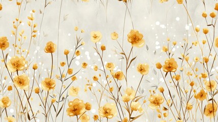  a painting of a bunch of yellow flowers on a white background with a blue sky and clouds in the background.